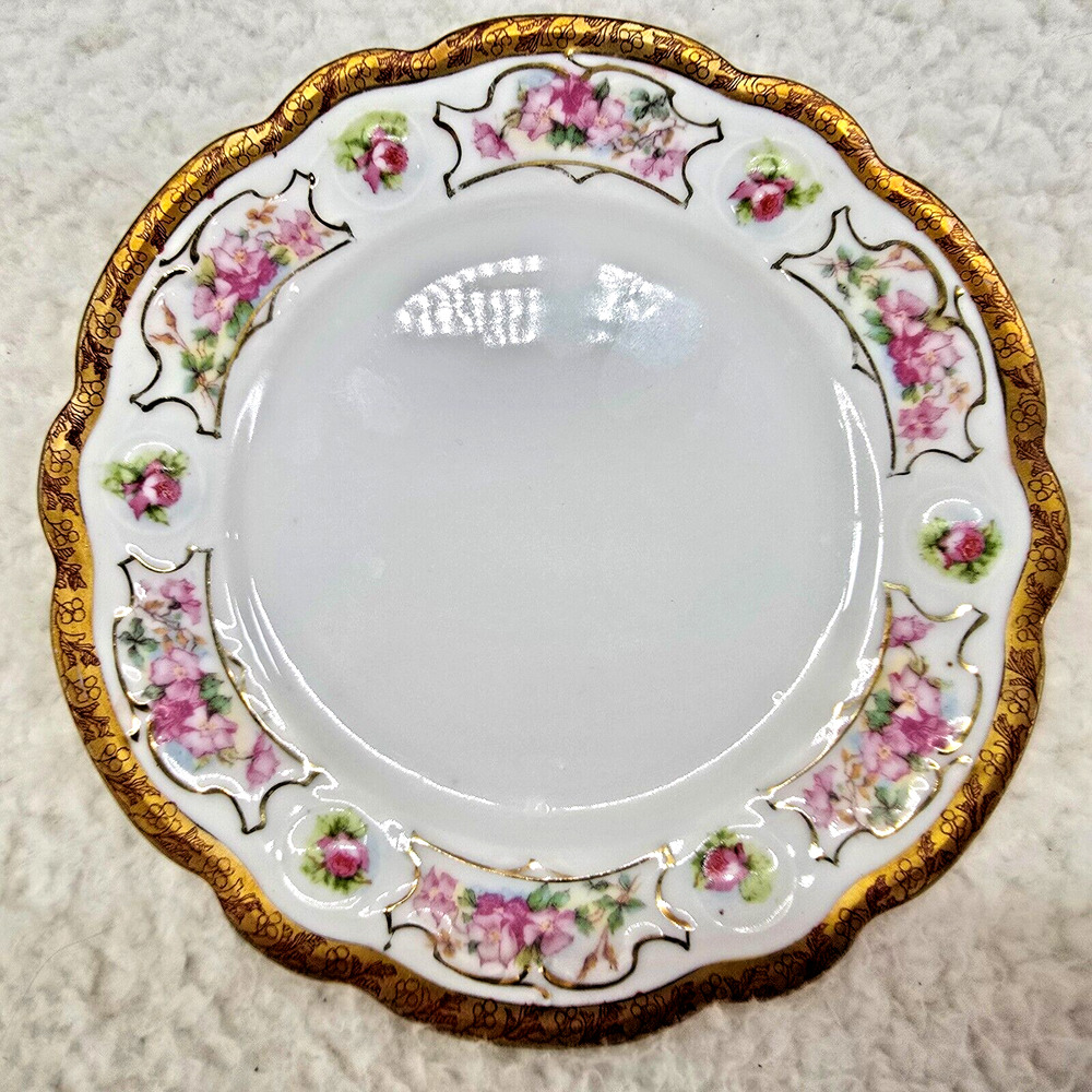 M Z Austria Moritz Zdekauer Dessert Bread Plate 6" Pink Roses Gold 1884-1909